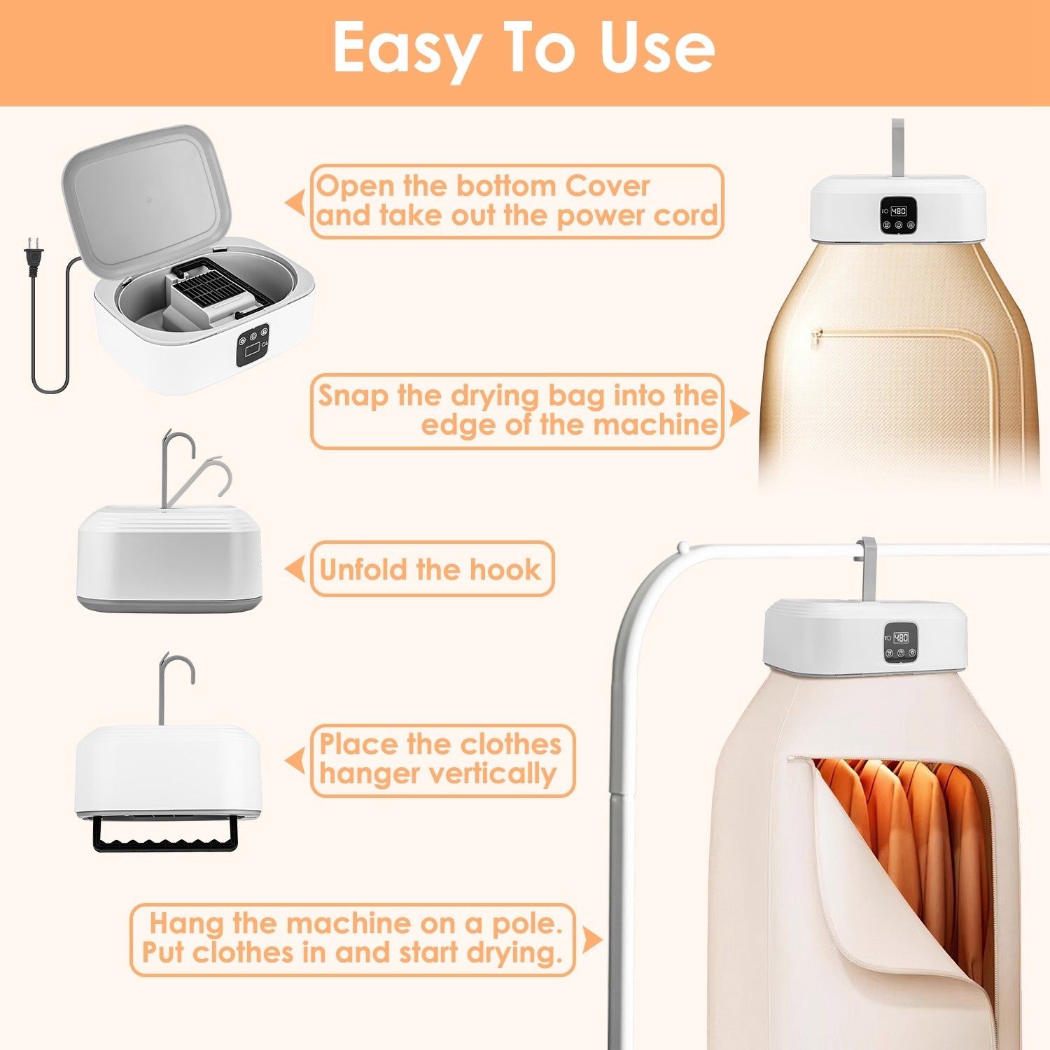 Sèche-linge portable compact avec minuterie, stérilisation UV, 2 modes de séchage et télécommande, idéal pour appartement, dortoir, voyage et maison 
