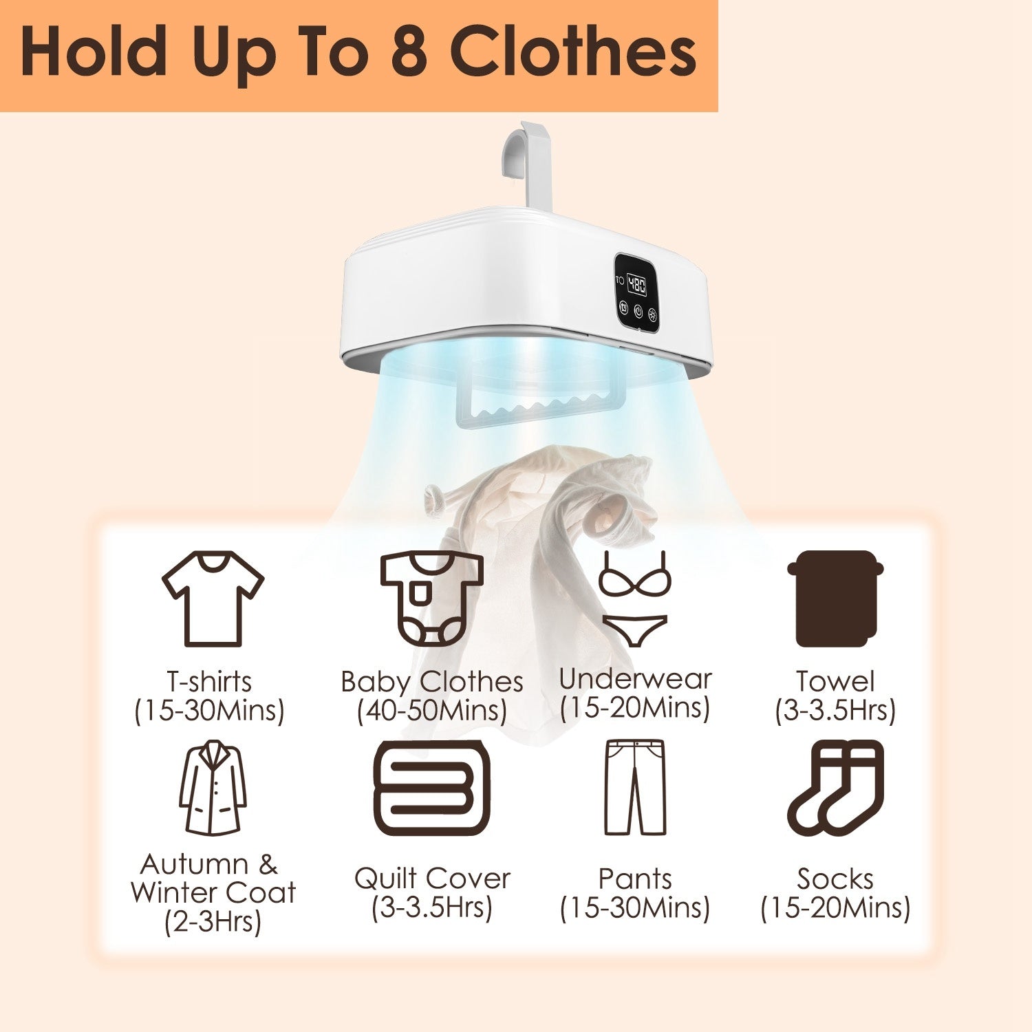 Sèche-linge portable compact avec minuterie, stérilisation UV, 2 modes de séchage et télécommande, idéal pour appartement, dortoir, voyage et maison 