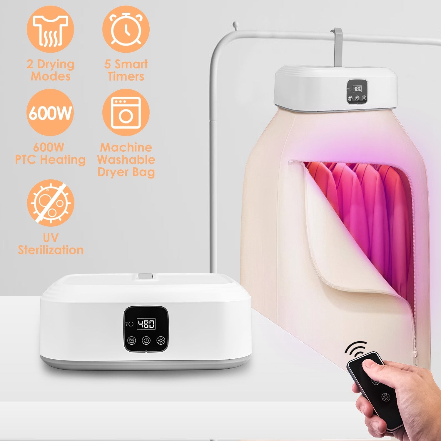 Sèche-linge portable compact avec minuterie, stérilisation UV, 2 modes de séchage et télécommande, idéal pour appartement, dortoir, voyage et maison 